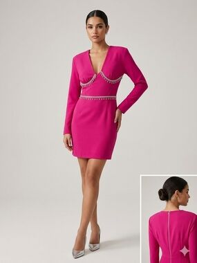 Fuchsia Long-Sleeve V-Neck Mini Dress with Crystal Trim